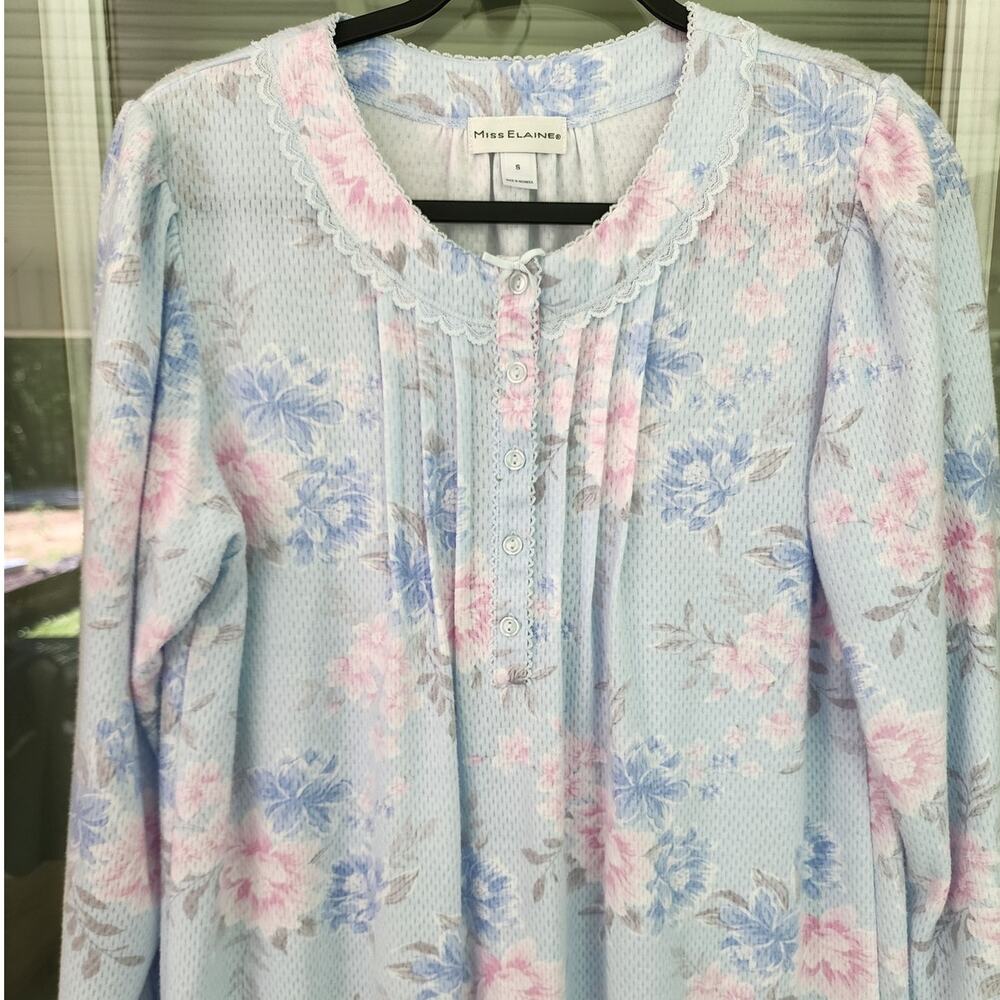 Miss Elaine Women's Small Long Sleeve Blue Floral Gown Scalloped Neck Sleeves - Picture 2 of 7